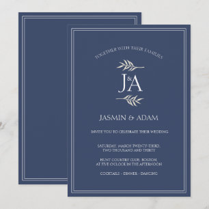Convites Casamento de iniciais clássicas azul naval elegant