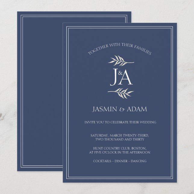 Convites Casamento de iniciais clássicas azul naval elegant (Frente/Verso)