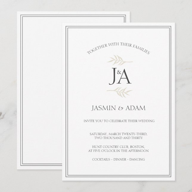 Convites Casamento de Iniciais Clássicas Brancas Simples El (Frente/Verso)