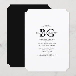 Convites Casamento de Iniciais de Monograma Branco e Preto 