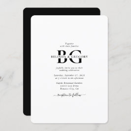 Convites Casamento de Iniciais de Monograma Branco e Preto 