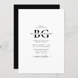 Convites Casamento de Iniciais de Monograma Branco e Preto 