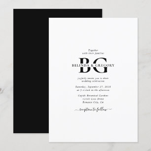 Convites Casamento de Iniciais de Monograma Branco e Preto 