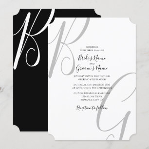 Convites Casamento de Iniciais de Monograma Branco e Preto