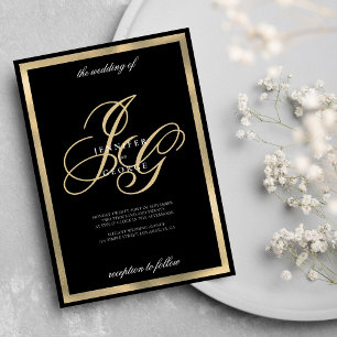 Convites Casamento de iniciais de monograma preto de Elegan