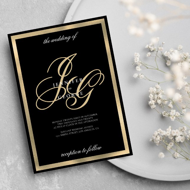 Convites Casamento de iniciais de monograma preto de Elegan (Elegant black gold monogram initials wedding)