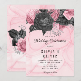 Convites Casamento de Inking Floral Negro e Rosa de Luxo In