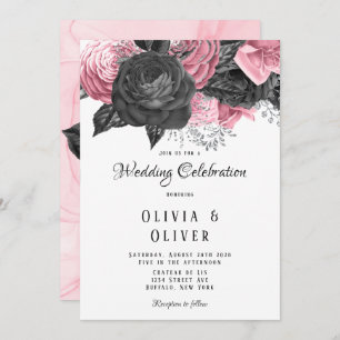 Convites Casamento de Inking Floral Preto e Rosa de Luxo