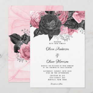 Convites Casamento de Inking Floral Preto e Rosa de Luxo