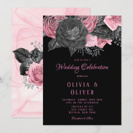 Convites Casamento de Inking Floral Preto e Rosa de Luxo