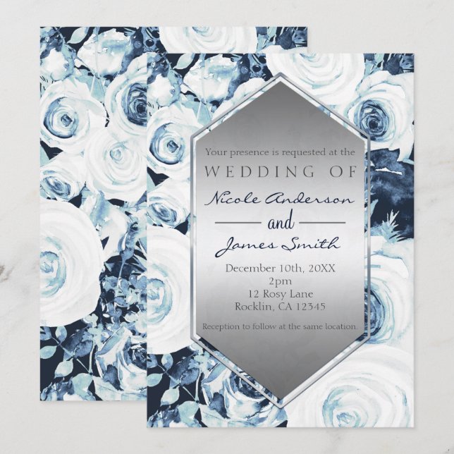 Convites Casamento de Inverno Azul Branco Prata Rosas Vinta (Frente/Verso)