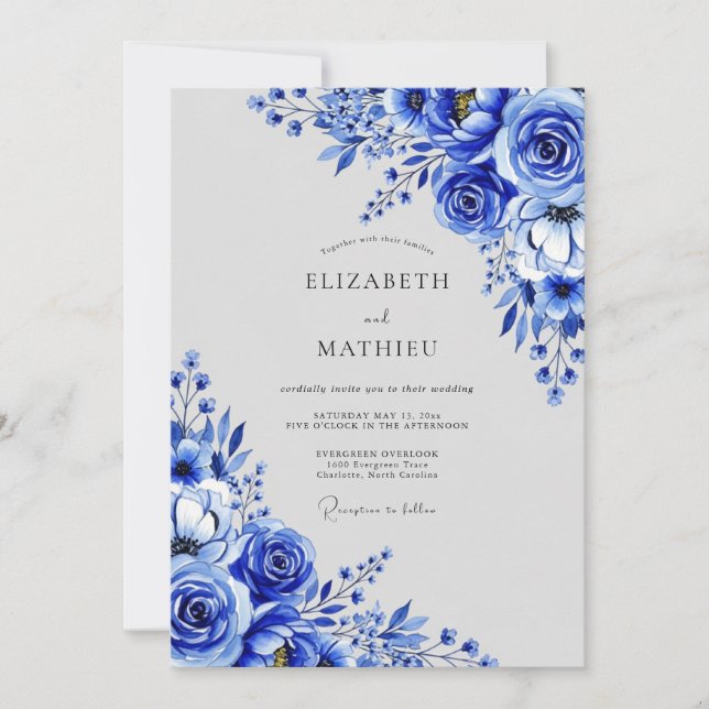 Convites Casamento de Inverno Azul Cobalto Elegante (Frente)
