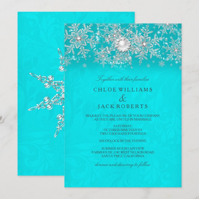 Convites Casamento de Inverno Azul Cristal Pérola Floco de  (Frente/Verso)