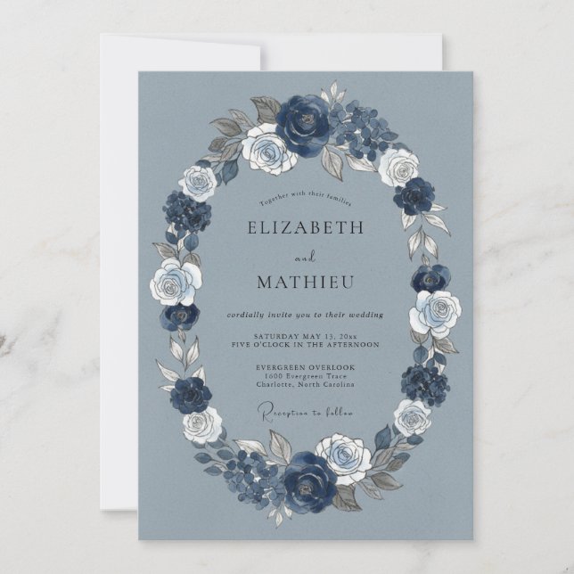 Convites Casamento de Inverno Azul Desbotado Elegante (Frente)