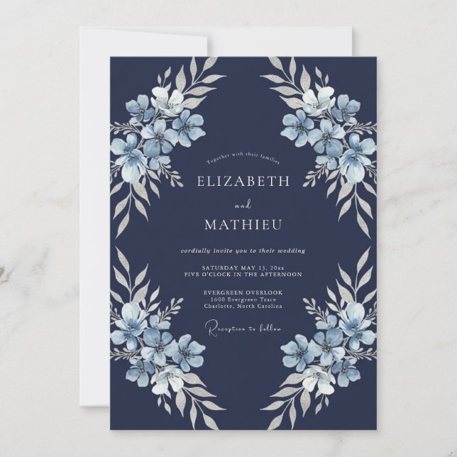 Convites Casamento de Inverno Azul-Marinho Atemporal (Frente)