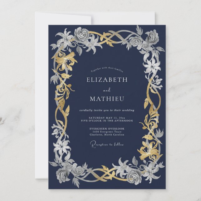 Convites Casamento de Inverno Azul-Marinho Intricado (Frente)