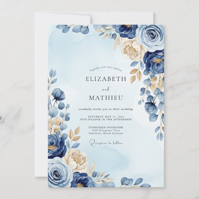 Convites Casamento de Inverno Azul Marinho Ornamentado (Frente)