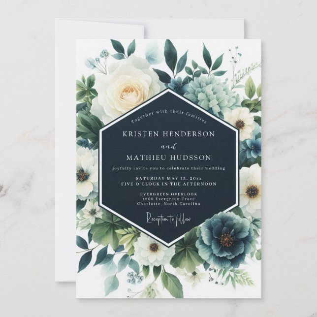 Convites Casamento de Inverno Azul-Marinho Refinado (Frente)