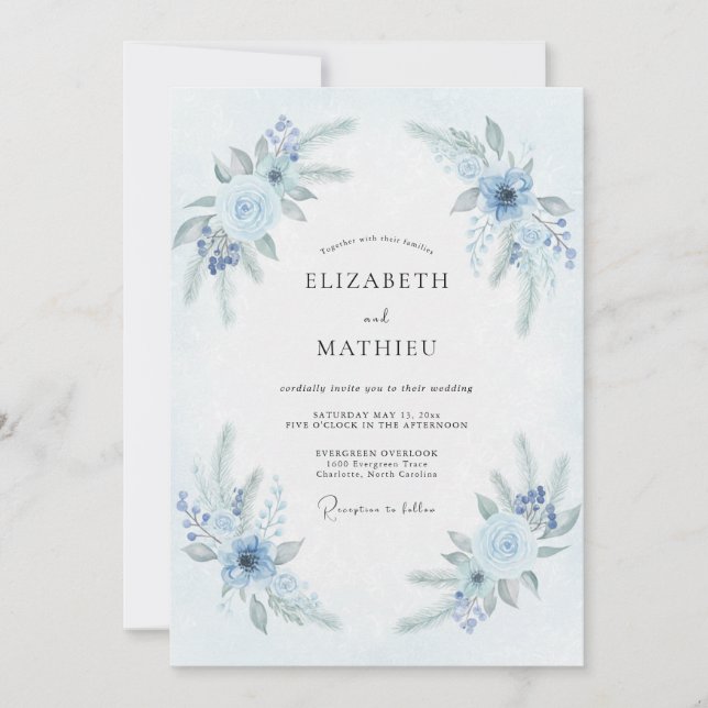 Convites Casamento de Inverno Azul Pálido Congelado (Frente)