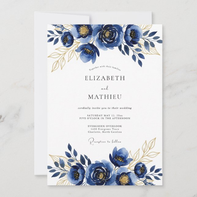 Convites Casamento de Inverno Azul Real Dourado (Frente)