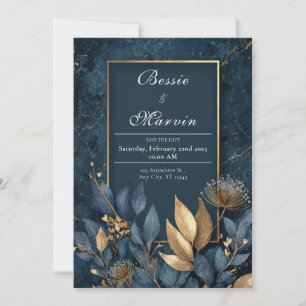 Convites Casamento de Inverno Botânico com Mármore Azul Nav