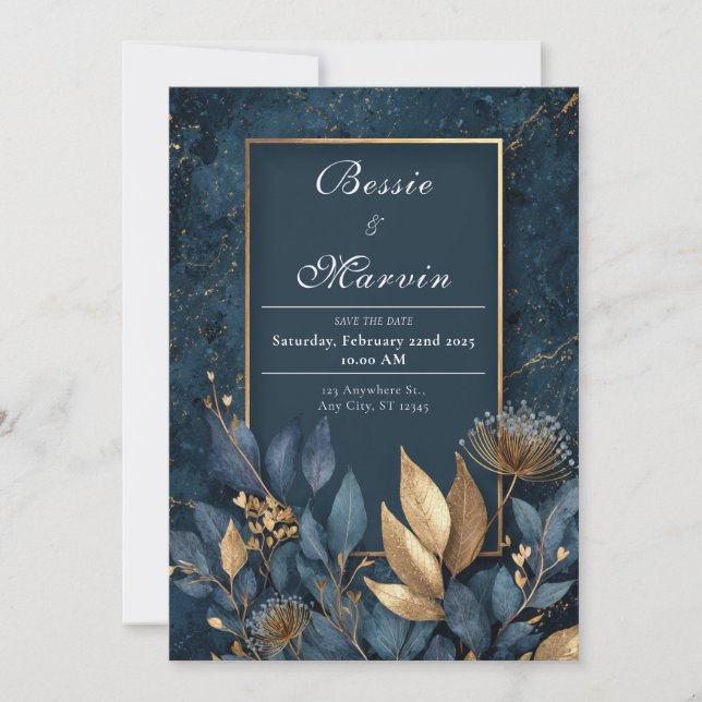 Convites Casamento de Inverno Botânico com Mármore Azul Nav (Frente)
