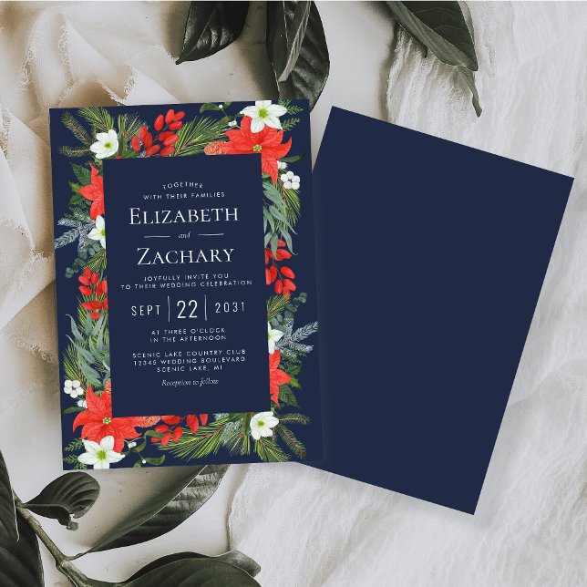 Convites Casamento de Inverno Botânico de Natal Azul Marinh (Criador carregado)