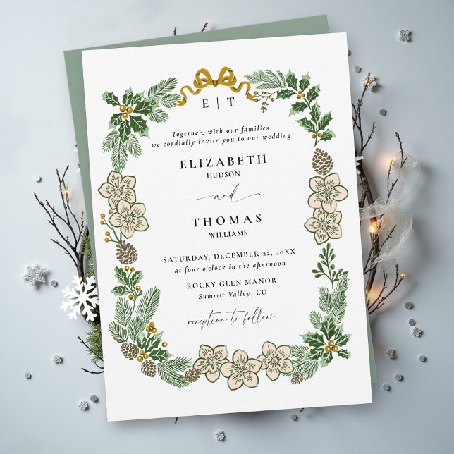 Convites Casamento de Inverno Botânico de Natal Verde Sage  (winter wedding invitation sage green white botanical greenery foliage elegant modern classic formal)
