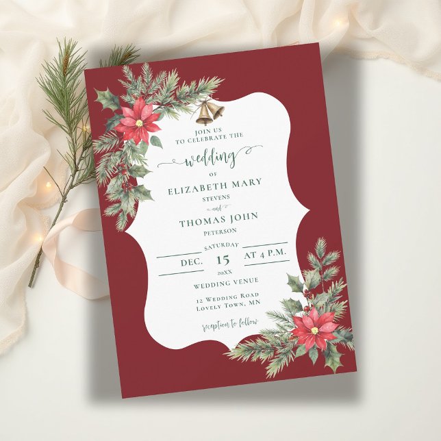 Convites Casamento de Inverno Botânico Verde Borgonha Rústi (winter wedding invitation christmas greenery floral poinsettia watercolor burgundy elegant rustic)