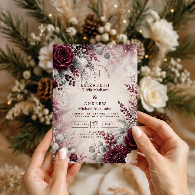 Convites Casamento de Inverno Burgundy Elegante (Criador carregado)