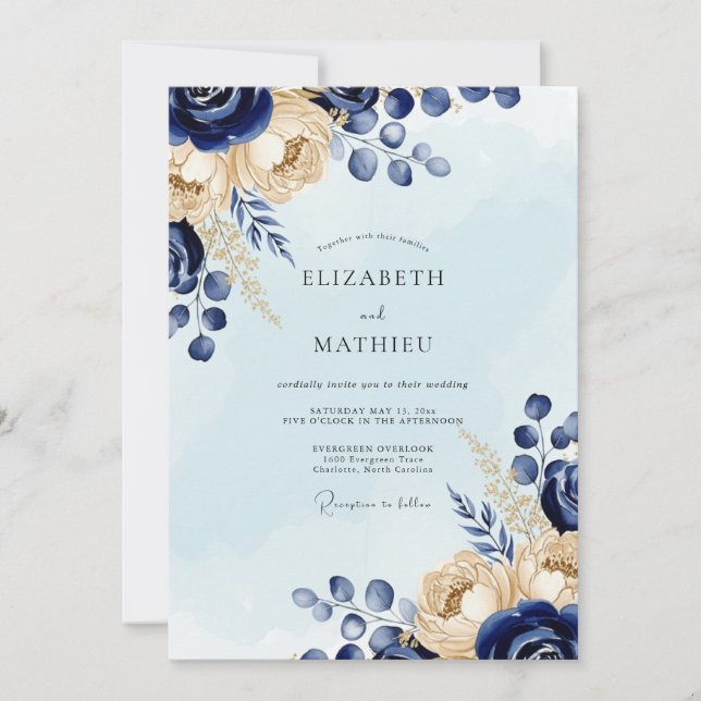 Convites Casamento de Inverno Chic Azul Marinho (Frente)