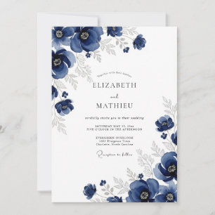 Convites Casamento de Inverno com Anêmona Prata Marinho