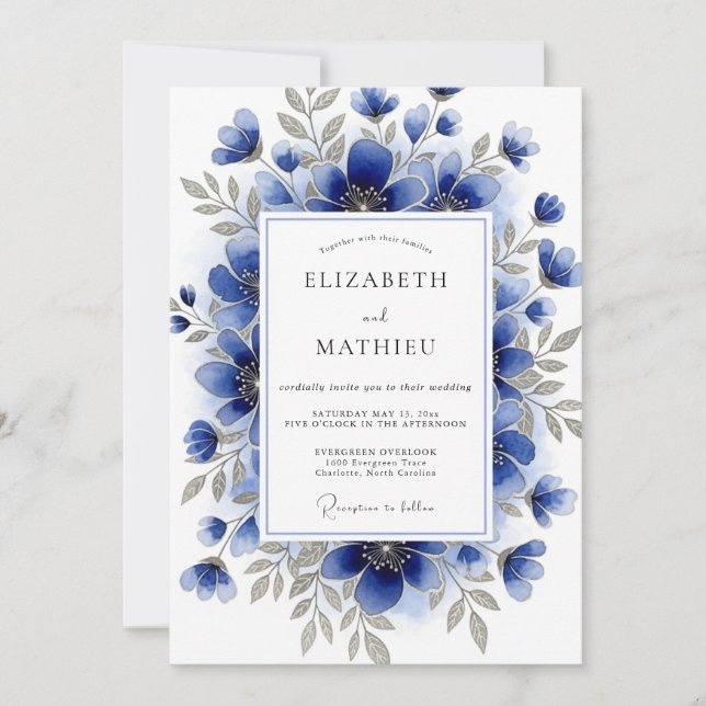 Convites Casamento de Inverno com Aquarela Azul Cobalto (Frente)