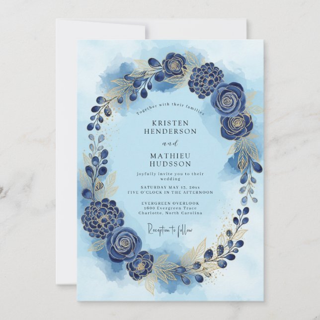 Convites Casamento de Inverno com Aquarela Azul Desbotada (Frente)