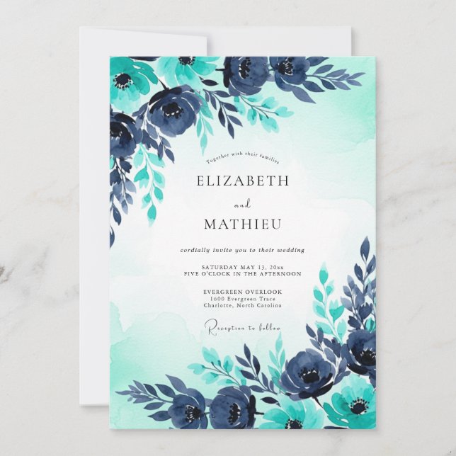Convites Casamento de Inverno com Aquarela Azul Turquesa (Frente)