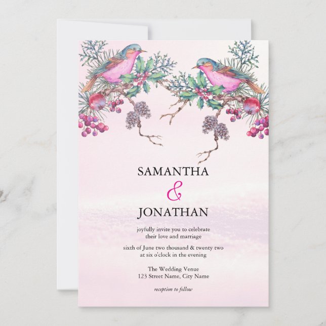 Convites Casamento de Inverno com Aquarela de Pinhas, Pássa (Frente)