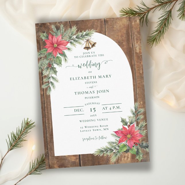 Convites Casamento de Inverno com Arco de Madeira Rústica d (winter wedding invitation rustic wood greenery floral poinsettia christmas green red elegant )