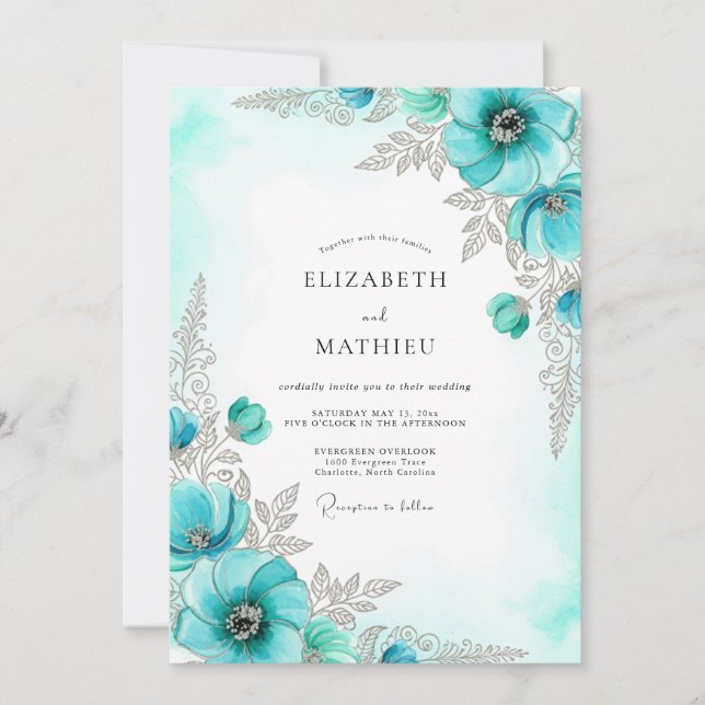 Convites Casamento de Inverno com Brilho Aquático (Frente)