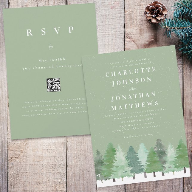 Convites Casamento de Inverno com Código QR de Floresta Mod (Modern snowy woodland winter forest sage green wedding qr code invitation Watercolor evergreen trees)