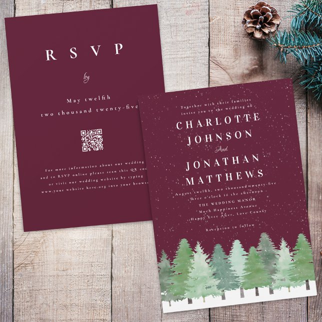 Convites Casamento de Inverno com Código QR em Burgundy Flo (Modern Woodland snow forest burgundy and white winter wedding qr code invitation)