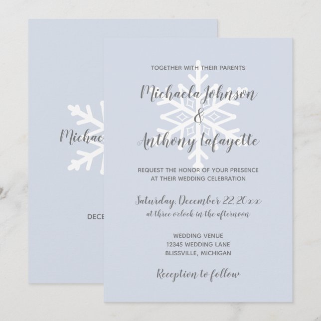 Convites Casamento de Inverno com Floco de Neve Azul Desbot (Frente/Verso)