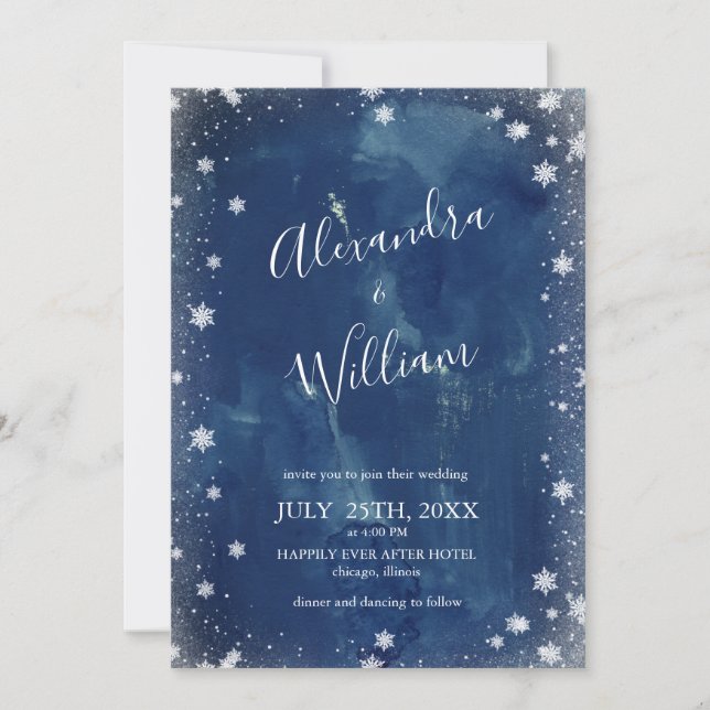 Convites Casamento de Inverno com Floco de Neve Azul Naval  (Frente)