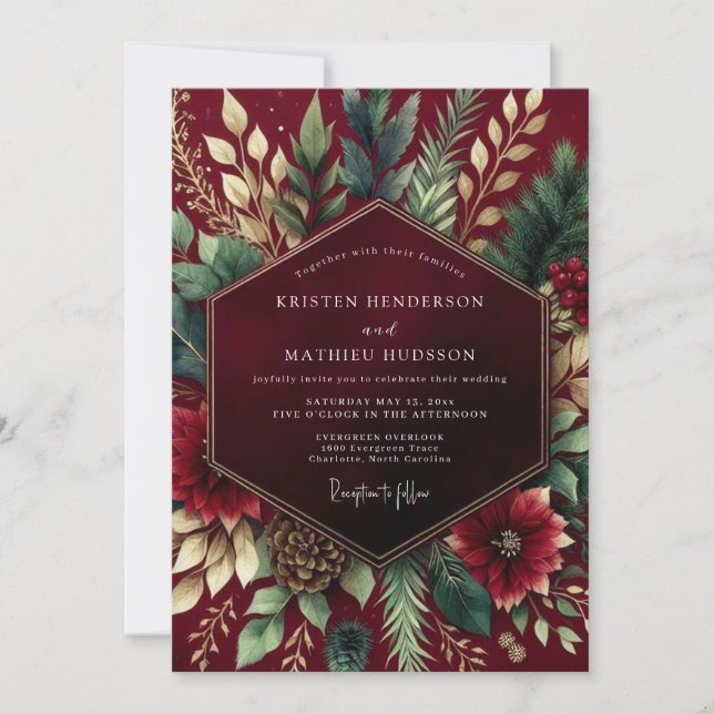 Convites Casamento de Inverno com Floral Borgonha (Frente)
