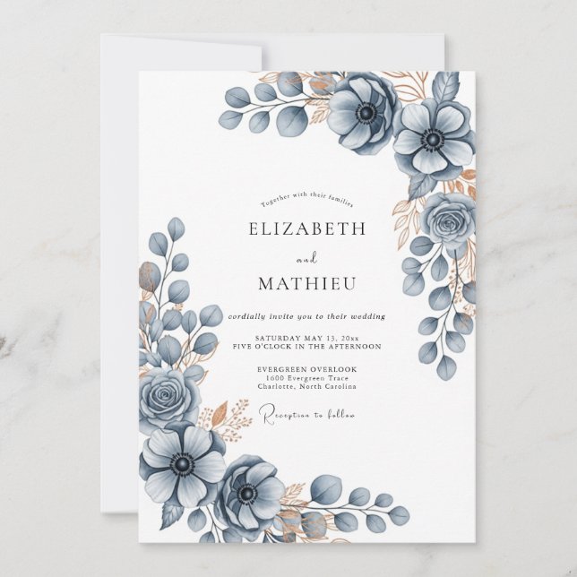 Convites Casamento de Inverno com Geada Azul Ardesia (Frente)