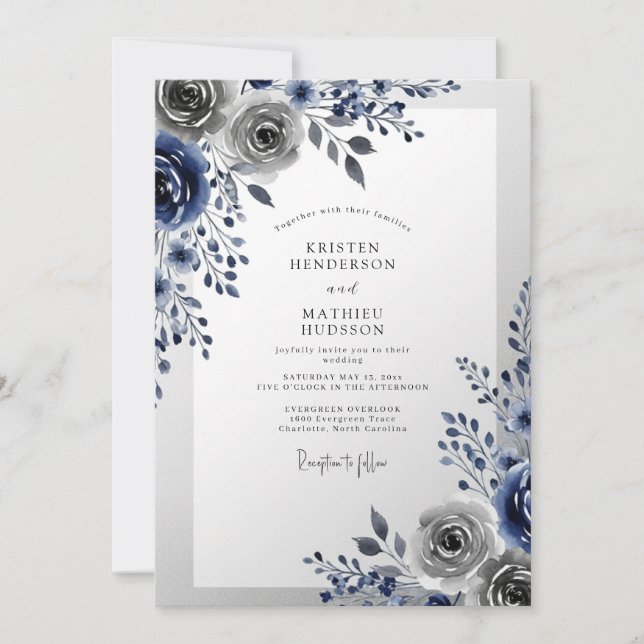 Convites Casamento de Inverno com Geada Azul-Marinho (Frente)