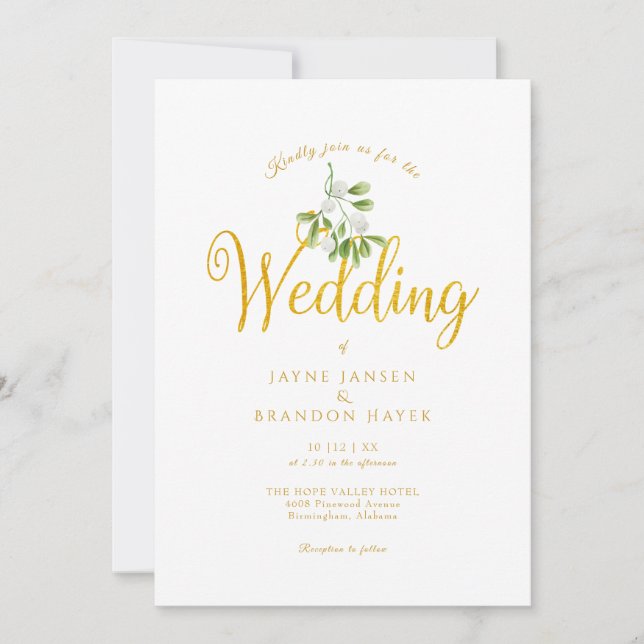 Convites Casamento de Inverno com Letra Dourada Elegante e  (Frente)