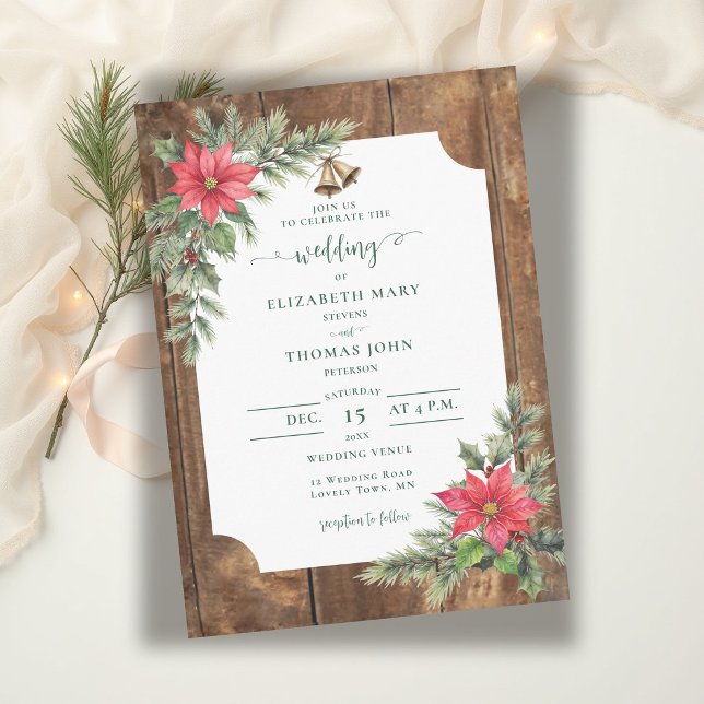 Convites Casamento de Inverno com Madeira Rústica de Celeir (winter wedding invitation rustic barn wood greenery floral poinsettia christmas green red elegant )