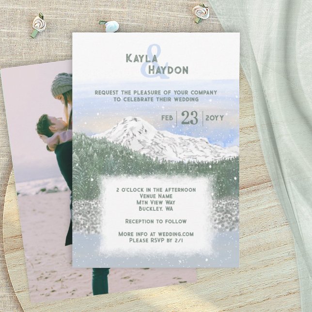 Convites Casamento de Inverno com Neve Caindo no Mt. Rainie (Mt Rainier National Forest, mountain wedding invitation card, snow, winter, pacific northwest)