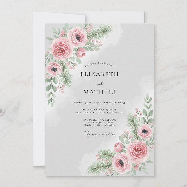 Convites Casamento de Inverno com Névoa Rosa Rubor (Frente)