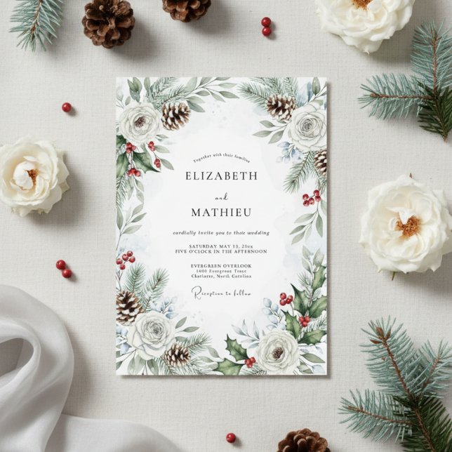 Convites Casamento de Inverno com Pinheiro Verde e Pinhas (Criador carregado)
